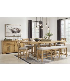 Brown Wooden Rectangle Extendable (6-10 Seaters) Kitchen Island Set with 6 Bar Stools + Bench - Harman